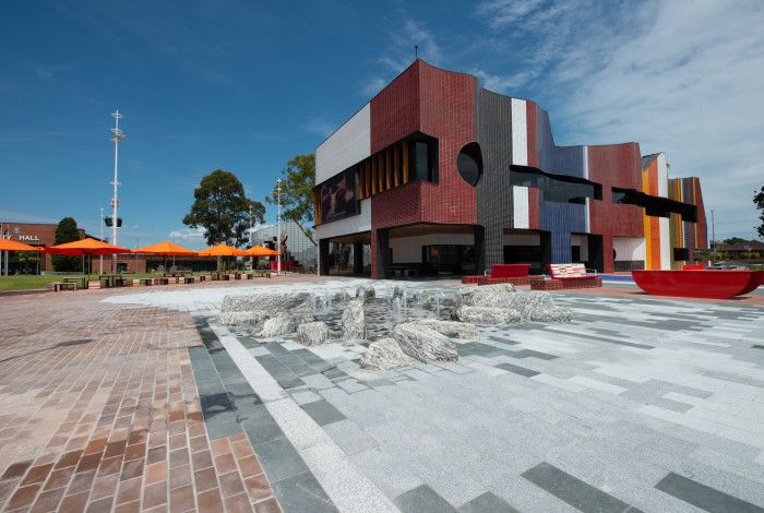 Image: View of Springvale Community Hub showing multi-coloured bricks