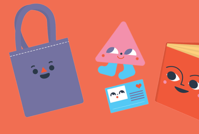 Image: cartoon images of a book, bag and triangle as characters