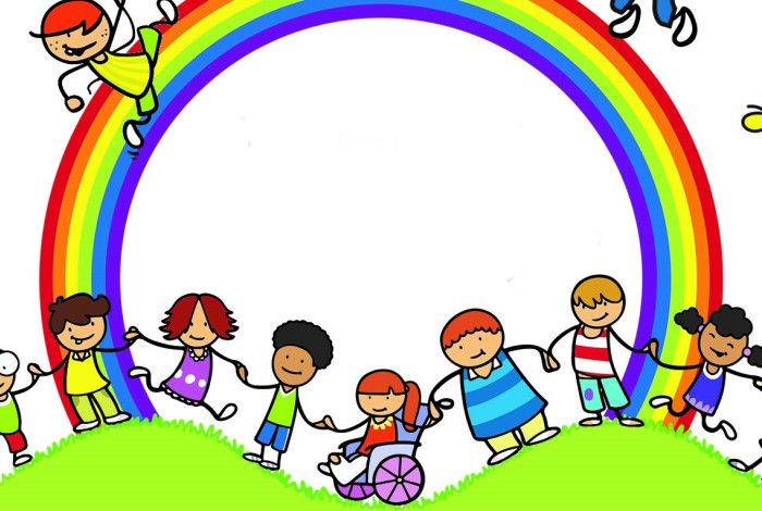 Illustration of rainbow with children holding hands 