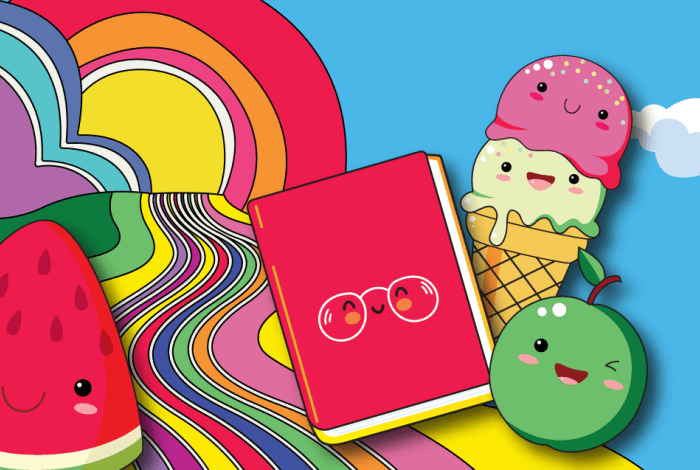 Cartoon images of a watermelon, book, ice cream and apple as characters