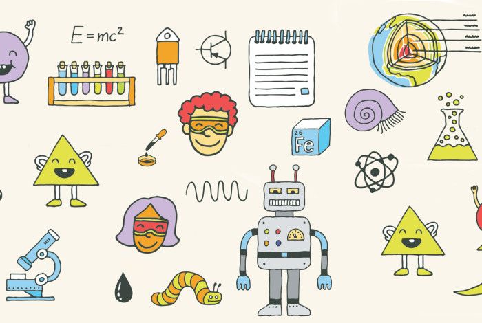 Collage of science cartoons including robot, scientist and microscope.