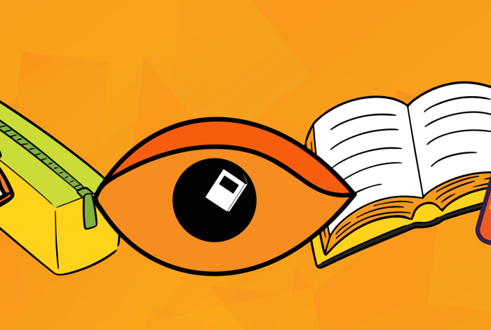 Artwork of books, a mobile device, an eye and a pencil case on an orange background.