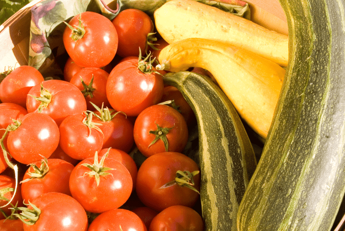 A bowl full of colourful  tomatoes and zucchinis.