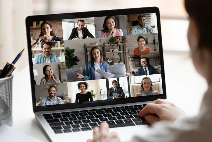 Person using laptop for online meeting.