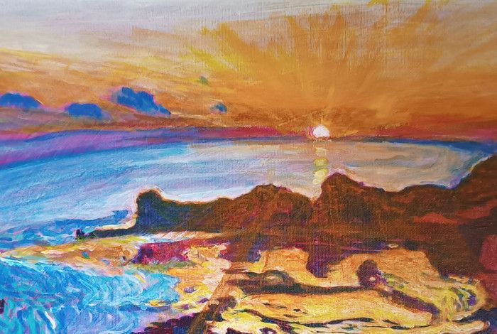 Painting of a shore at sunrise.