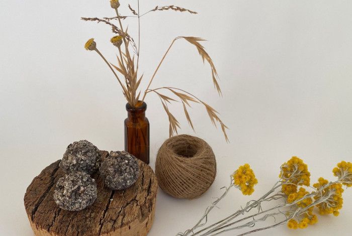 Seed balls resting on a piece of wood, next to a ball of string and dried flowers.