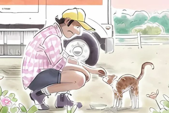 Painting of a man patting a cat with a truck in the background.