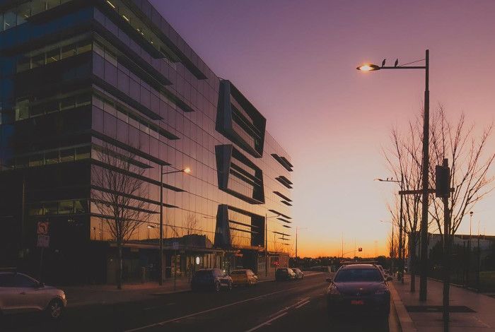 Building on Walker Street, Dandenong at sunset. 