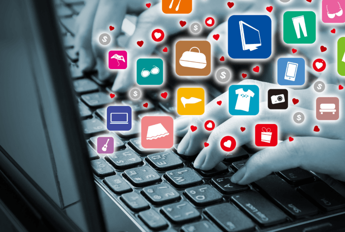 Person typing on laptop and colour illustration symbol of clothes and gadgets.  