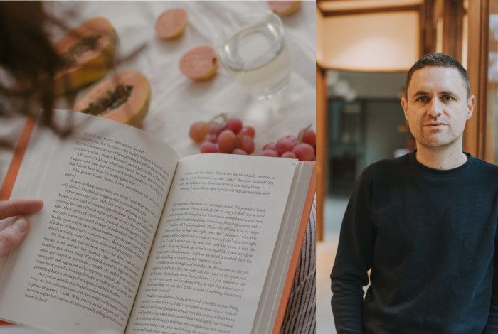 Book being read and author's photo next to it.