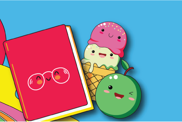 Cartoon images of a watermelon, book, ice cream and apple as characters