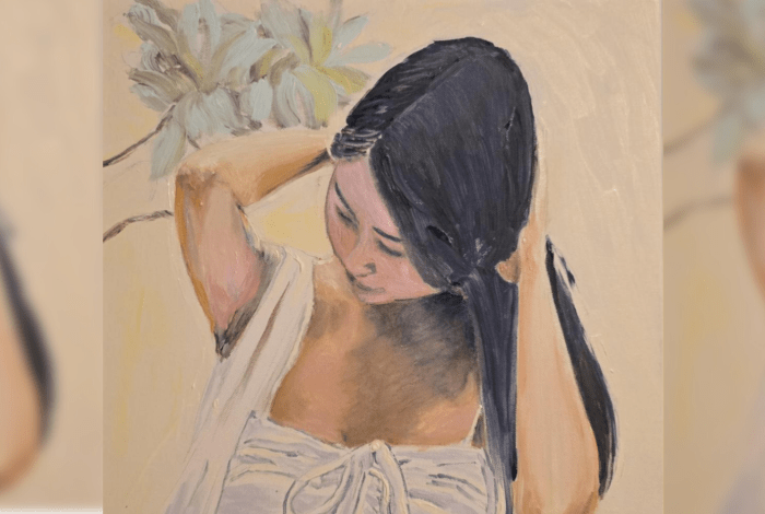 Painting of a girl braiding her hair.