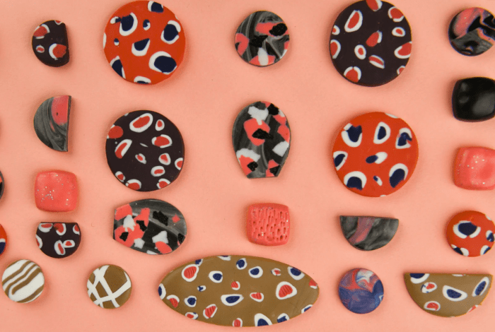 Pieces of polymer clay decorated with patterns