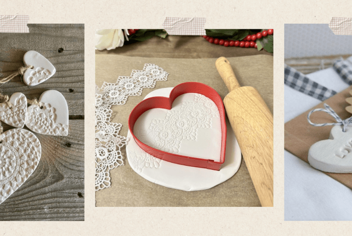 Three heart decorations being created.