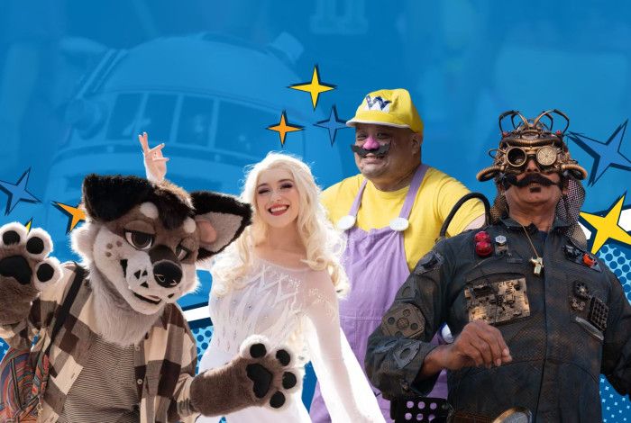 Four adults dressed in cosplay costumes