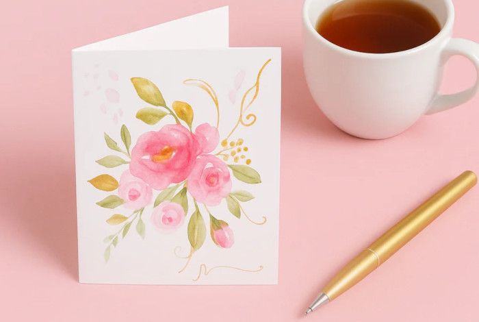 Card with water colour on the front, a pen and cup of tea.