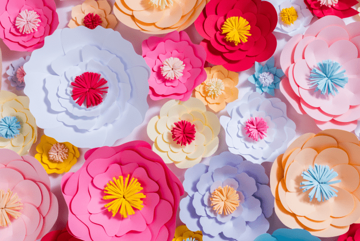 An assortment of paper flowers.