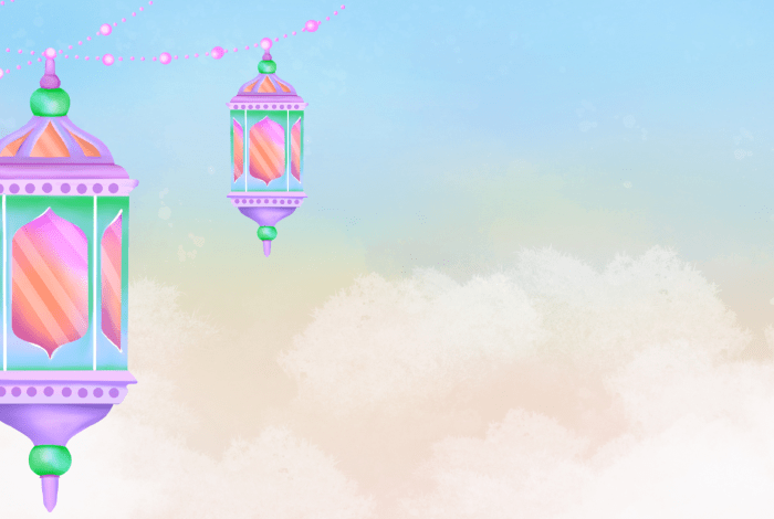 Colourful Ramadan lanterns hanging over a cloudy sky background.