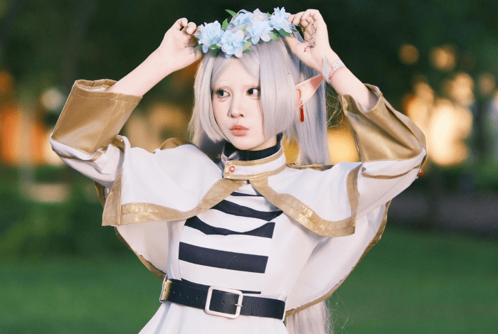 Person in cosplay costume outdoors.