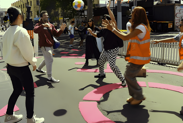 People engage in a street‑based outdoor game, tossing a colorful beach ball across a painted play area in a public urban space.