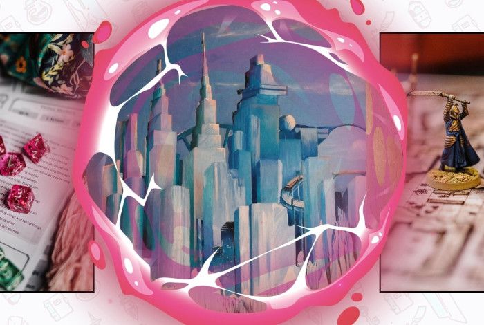 Composite image featuring role playing game dice, figurines and an illustration of a fantasy landscape.