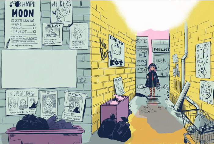 Drawing of a girl standing in an empty alley full of rubbish bags and old posters.