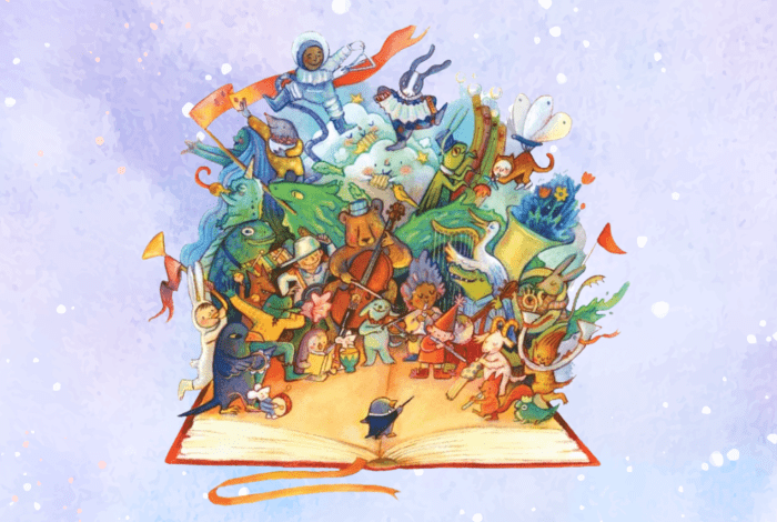 Illustration of cartoon animals playing musical instruments.