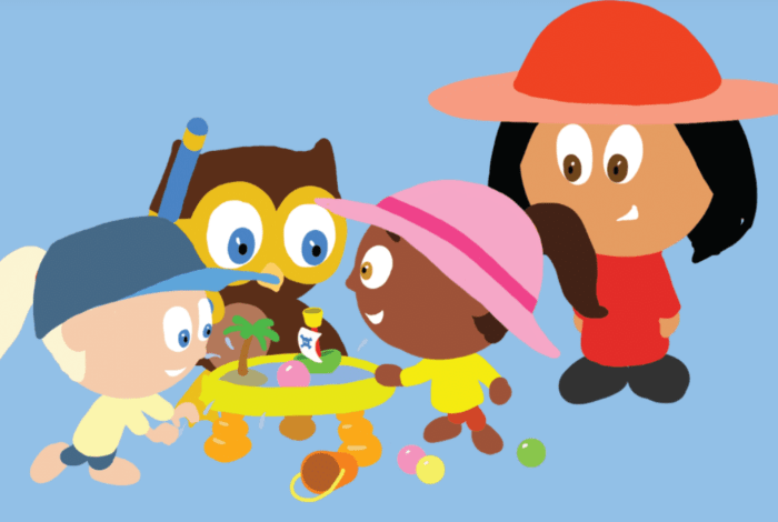 Three cartoon children playing with a small water feature, overseen by an adult. 