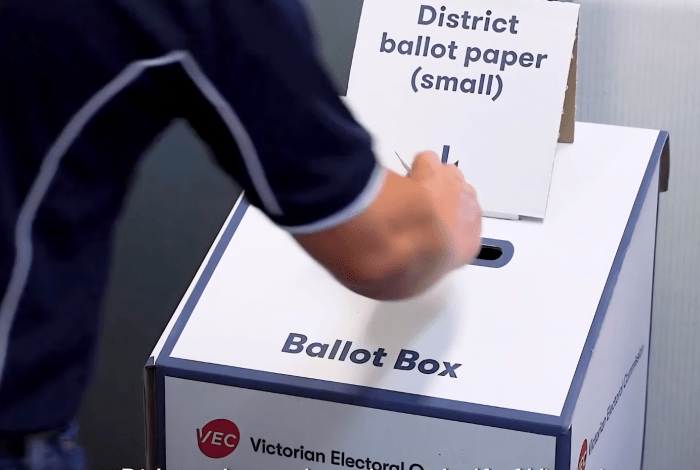 Victorian State Election Ballot box with a person placing their ballot in the slot.