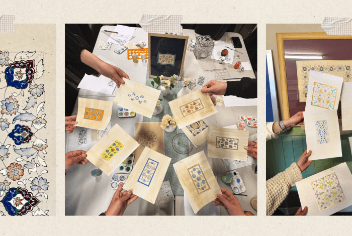 A group of women holding samples of tehzib artwork on paper above the table scattered with painting paraphernalia. 