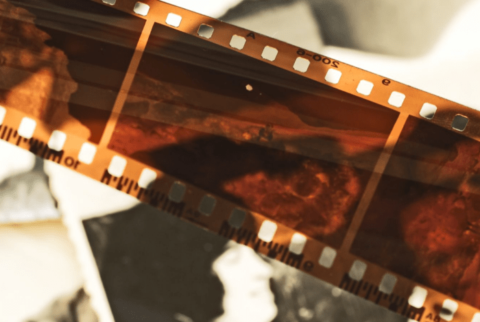A close-up photograph of a photographic film strip displaying developed images against a softly blurred background.