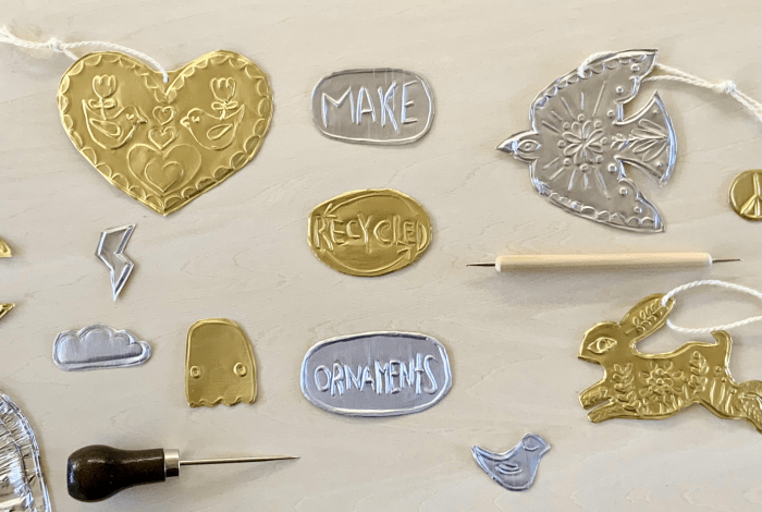 Assorted ornaments made from recycled metal.