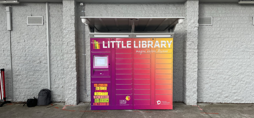 Brightly coloured library lcckers against a grey wall