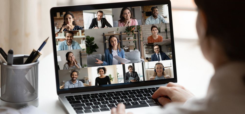 Person using laptop for online meeting.