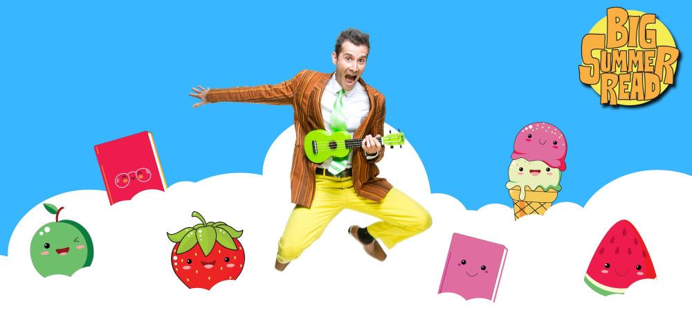 Fruit icons and comedian with guitar. in the clouds