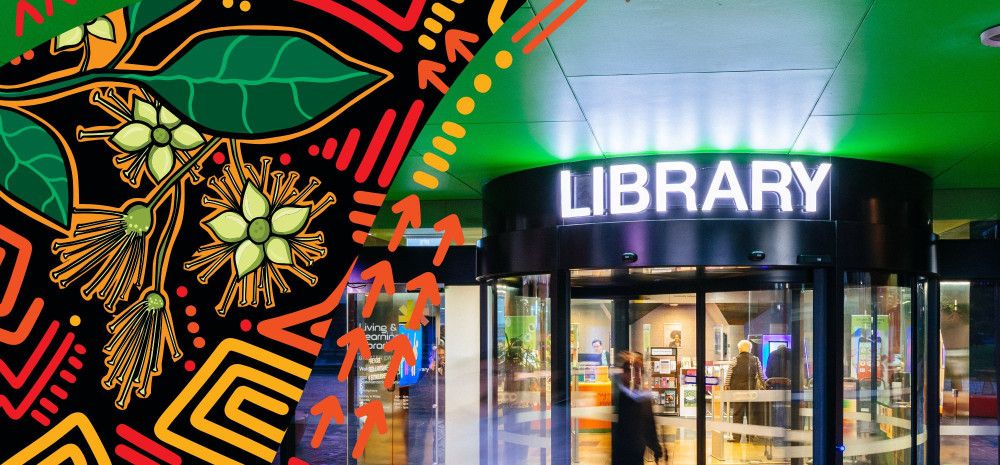 Dandenong library front entrance with indigenous art overlay.