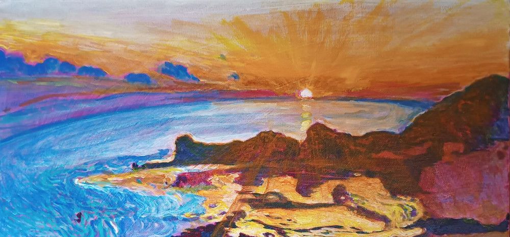 Painting of a shore at sunrise.
