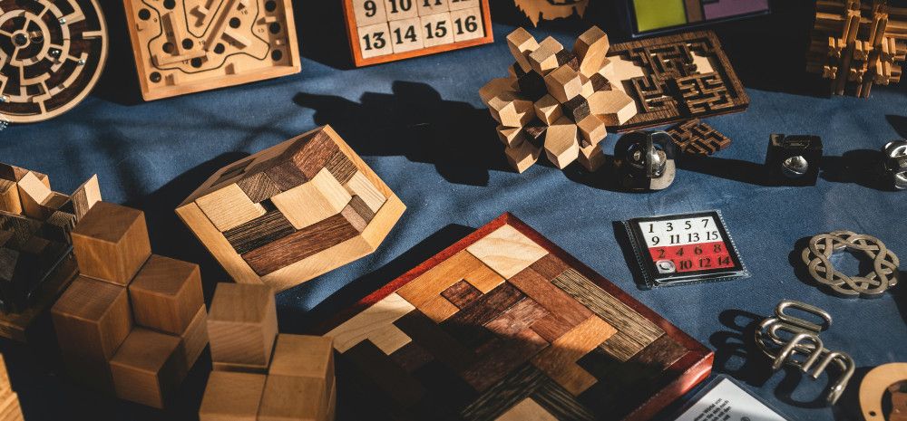 Escape room with various puzzles laid out.