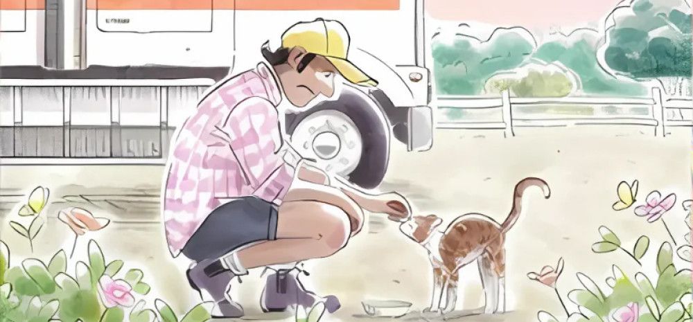 Painting of a man patting a cat with a truck in the background.