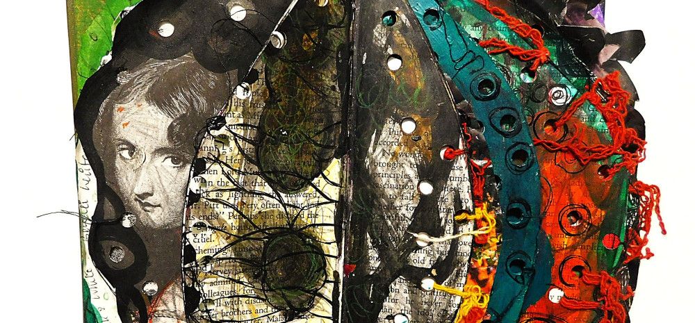 colourful collage artwork, with female pencil drawing and threads.