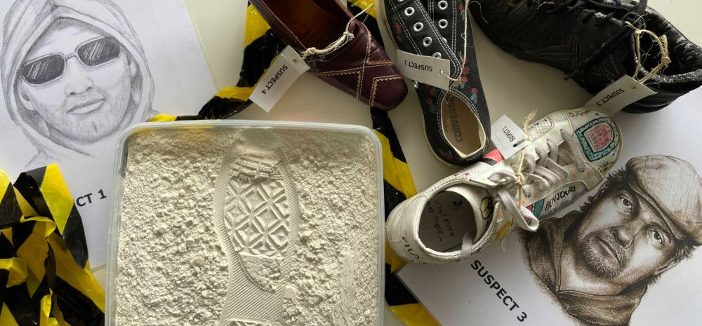 A forensic investigation setup showing a footprint impression in powder, five different shoes labeled with suspect numbers, and two suspect sketches on a white table with caution tape.