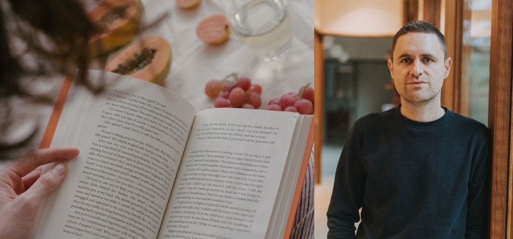 Book being read and author's photo next to it.