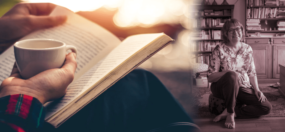 Closeup of person's hands with a cup of tea and a book, and a portrait of counsellor and psychotherapist, Barbara Churcher.