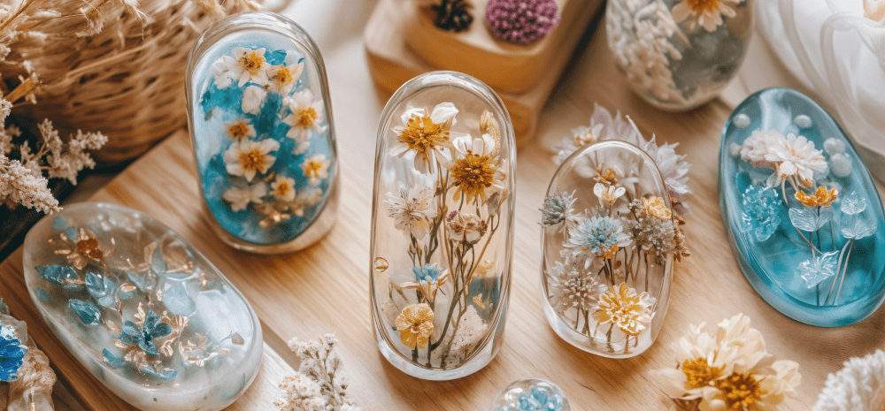 A selection of ornaments made of dry flowers set in resin displayed on a wooden surface.