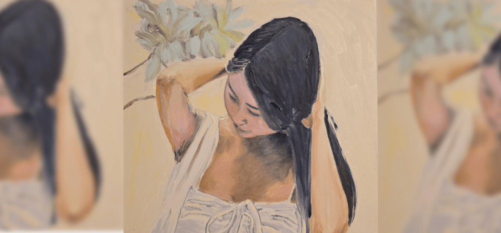 Painting of a girl braiding her hair.