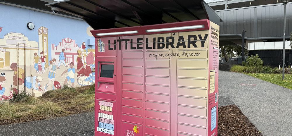 A set of brightly coloured lockers in Noble Park known a Little Library: Douglas Street.