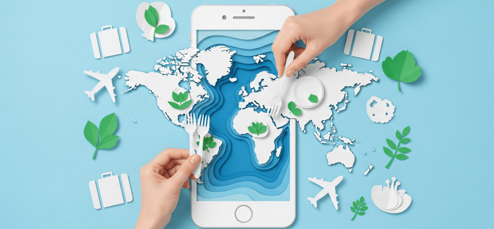 Mobile phone with shapes including countries, planes, suitcase and leaves.