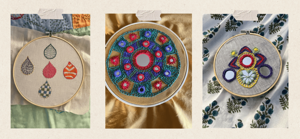 Three brightly coloured embroidery projects in a row.
