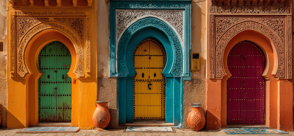 Three colourful traditional Moroccan doorways.