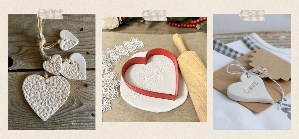 Three heart decorations being created.